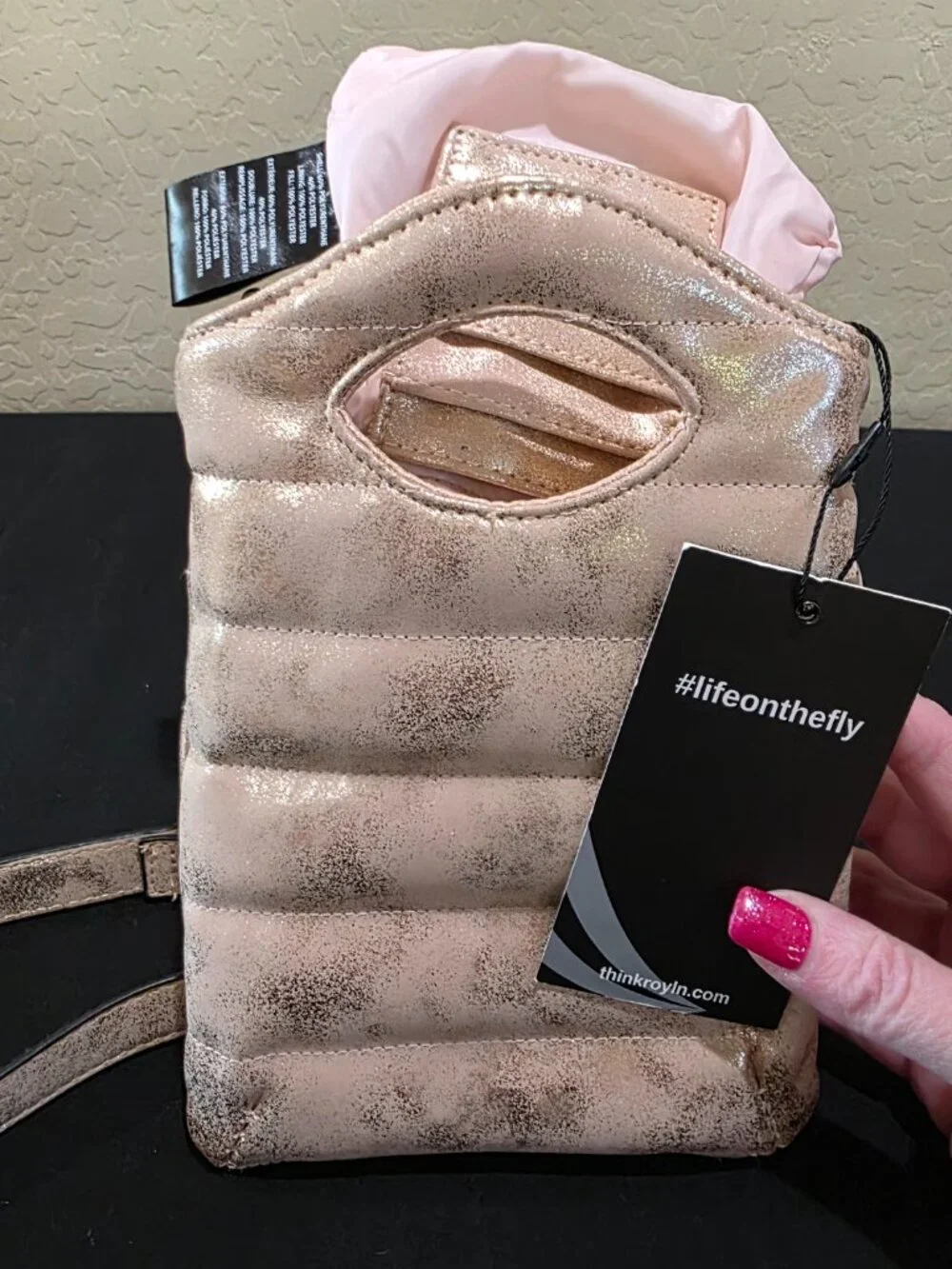 NWT Mini Florent Pink Champagne Puffer Crossbody Bag Purse Chain Strap
